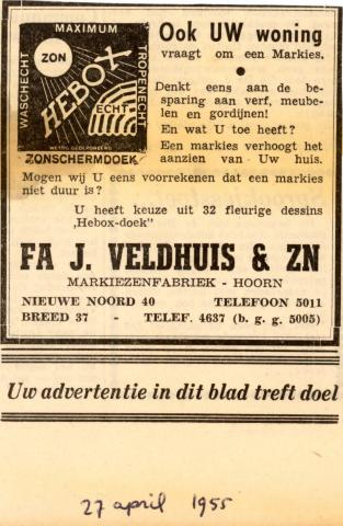 advertentie - Fa. J. Veldhuis  -  Markiezenfabriek