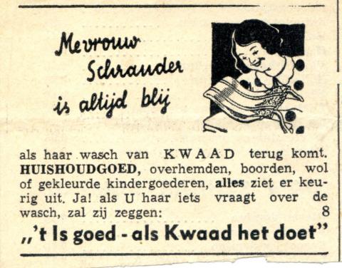 advertentie - Kwaad's wasserij   (Mevrouw Schrander is altijd blij)